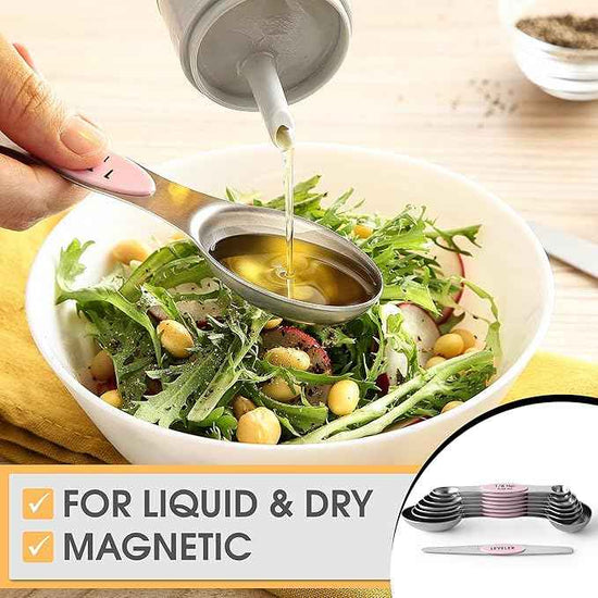 Spring Chef Stainless Steel Magnetic Measuring Spoons Set of 8 with Leveler, Dual Sided Teaspoon & Tablespoon Measuring Spoons with Strong Magnets, Kitchen Gadgets for Baking & Cooking - Pink Lemonade
