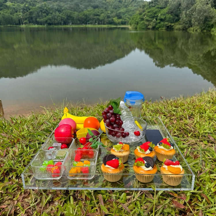 Clear Acrylic Ottoman Tray with Cutout Handles 20x20 Inch Over Sized Serving Tray