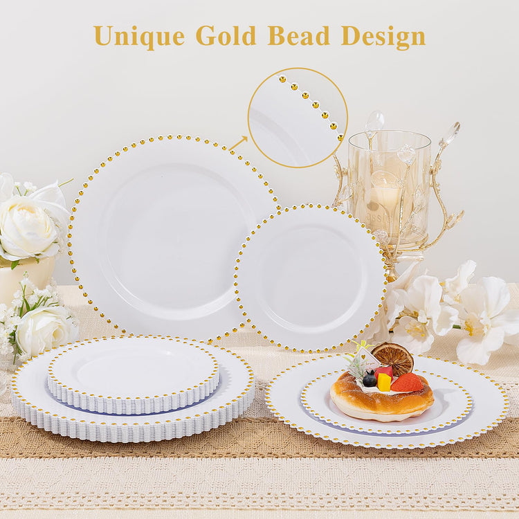100pcs White Plastic Plates with Gold Beads for Bridal Showers (100 Count)