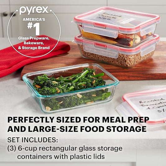 Pyrex Freshlock (3-Pack, 6 Cup) Glass Food Storage Containers Set, Airtight & Leakproof Plastic Locking Lids BPA-Free, Meal Prep Containers Set, Freezer Dishwasher Microwave Safe