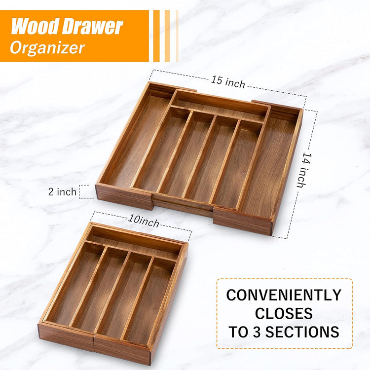 Bellsal Acacia Silverware Organizer Kitchen Drawer Organizer Expandable Bamboo Utensil Holder Cutlery Tray for Kitchen Utensil and Flatware Bedroom Office