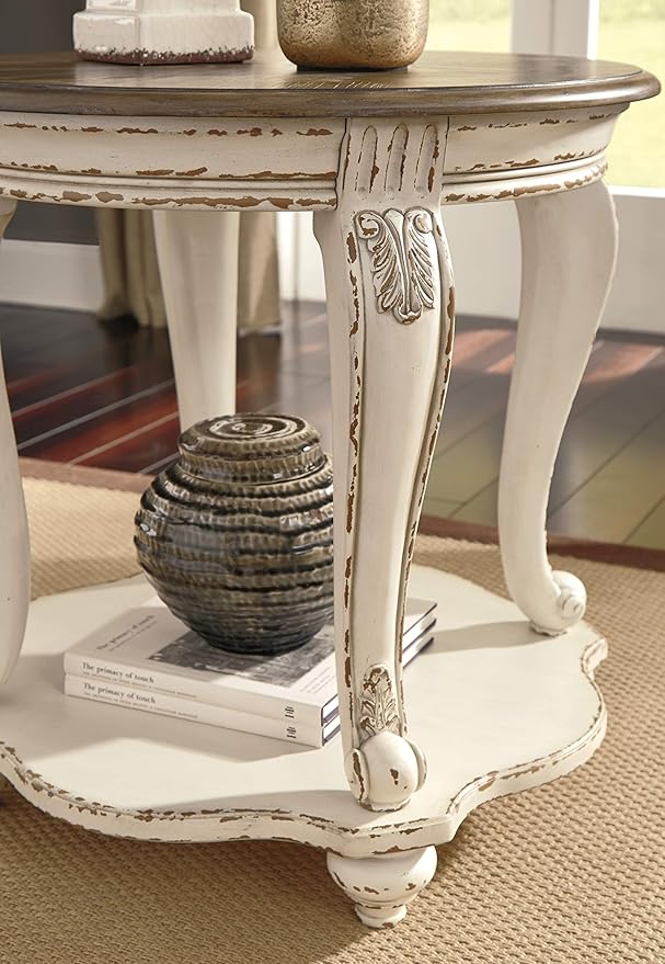 Signature Design by Ashley Realyn Cottage Style Round End Table, Fixed Lower Shelf, Antiqued 2-tone, Finish, Wood, 26" W x 26" D x 25.88" H, White and Brown