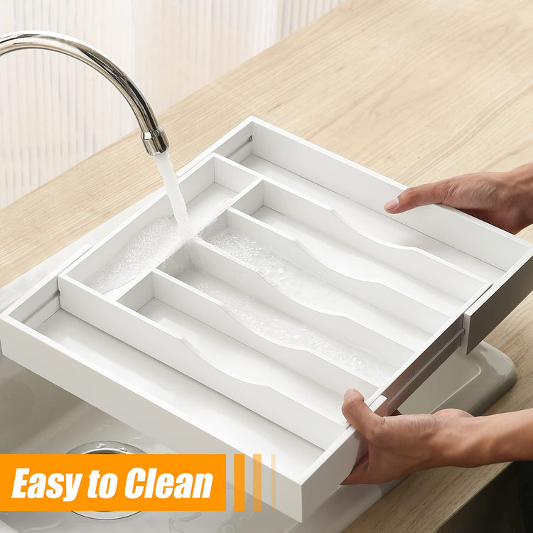White Silverware Organizer Kitchen Drawer Organizer Expandable Bamboo Utensil Holder Cutlery Tray for Kitchen Utensil and Flatware Bedroom Office