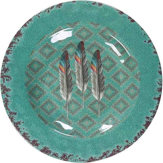 Paseo Road Tossed Feather 14 Piece Melamine Plastic Western Dinnerware Set, Orange Tan Brown Teal Aztec Tribal Print, Southwestern Rustic Dish Set with Plates, Bowls, Serving Dish