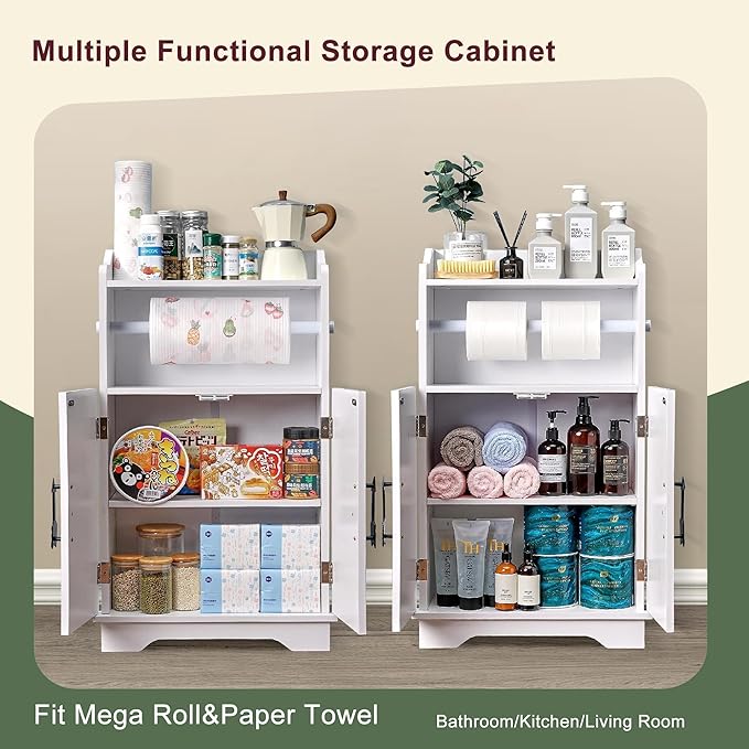 Mega Roll Toilet Paper Holder Cabinet, VECELO Stand Bathroom Storage Organizer of Rolls & Paper Towel, Waterproof, Large Capacity Reserve Area, Removeable Rod