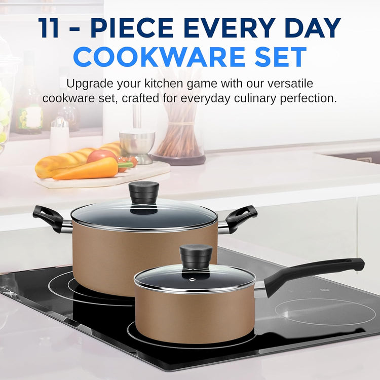 11-Piece Nonstick Kitchen Cookware Set - PTFE/PFOA/PFOS Free Heat Resistant Lacquer Kitchen Ware Pots Pan Set w/Bakelite Handles, Saucepan, Frying Pans, See-through Lid - SereneLife SLCW11GLD (Gold)