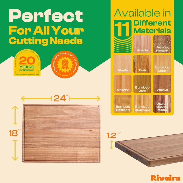 Riveira Acacia Wood Cutting Board – Gourmet Acacia Grandeur: 24 x 18 Wooden Cutting Board – Natural Wooden Cutting Boards For Kitchen Decorative – Innovative Juice Grooves Acacia Wooden Chopping Board