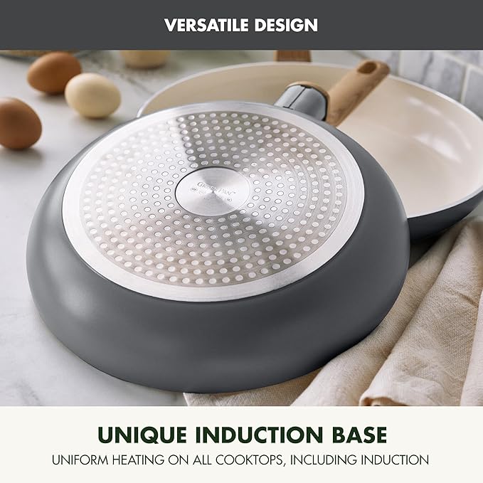 GreenPan Rio Essence Wood 10 Piece Cookware Pots and Pans Set, Healthy Ceramic Nonstick, PFOA & PFAS-Free Coating, Induction, Silicone Rim Lids, Stay-Cool Wood Print Handles, Dishwasher Safe, Gray
