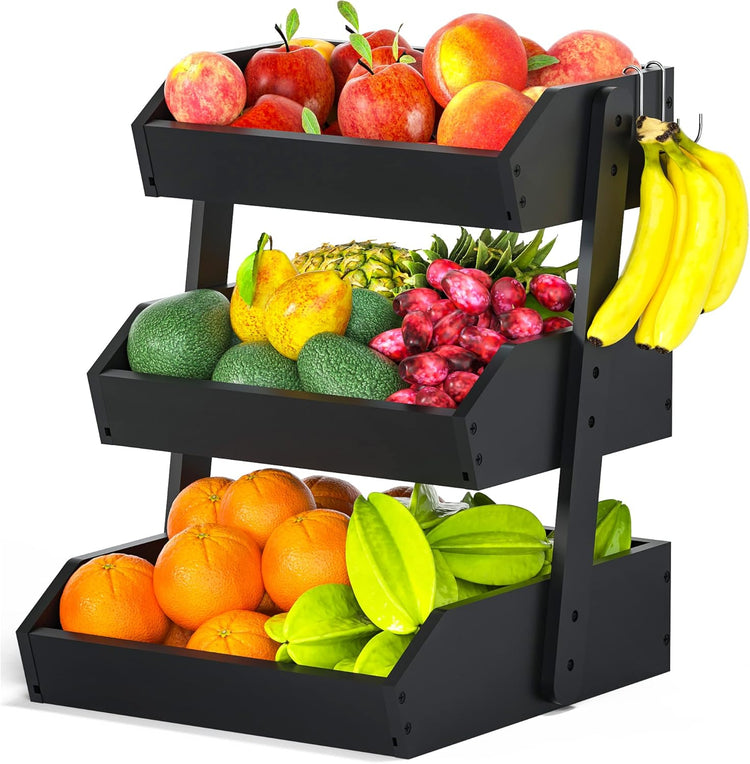 Bamboo Fruit Basket for Kitchen – 3 Tier Fruit Bowl For Kitchen Counter, Large Fruit Holder With 2 Banana Hangers, Idea For Fruit and Vegetable Storage, Bread Basket, Snack Organizer(BLACK)
