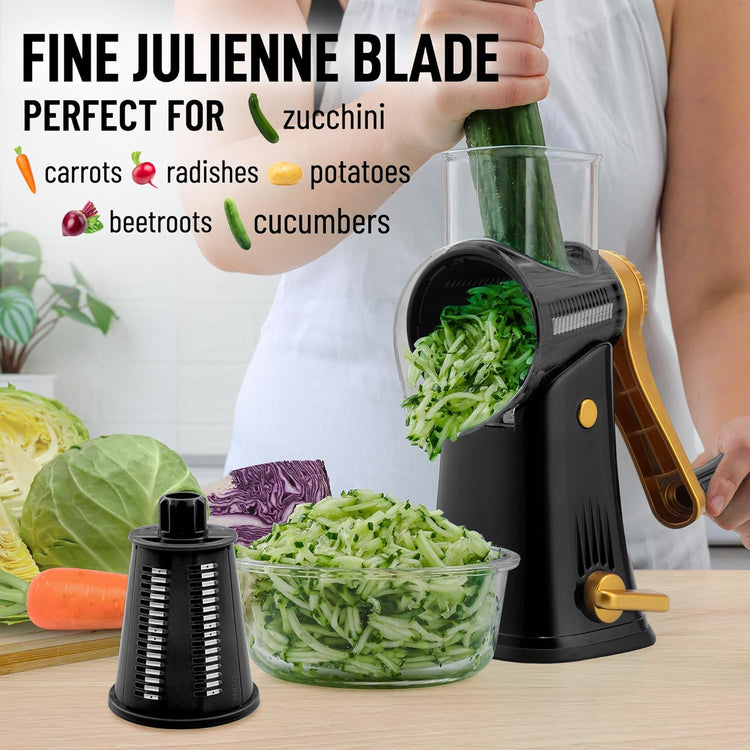Zulay Kitchen Rotary Cheese Grater 5 Blade Cheese Shredder - Manual Hand Crank Cheese Grater With Reinforced Suction & 5 Interchangeable Drums - Easy to Use, Vegetable Chopper Round Mandoline Slicer