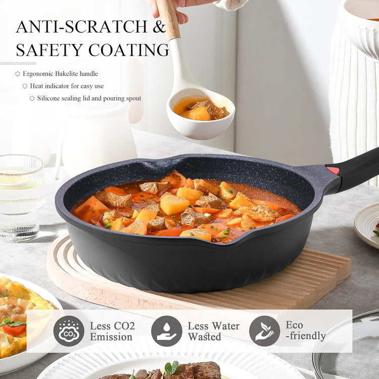 Vinchef New Handle Update 11In/5Qt Aluminum Nonstick Deep Frying Pan with Lid and Heat Indicator, Anti Scratch and Anti Stain Deep Saute Pan, Induction Compatible