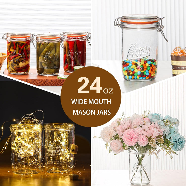 24oz Wide Mouth Mason Jars – 6 Pack Glass Jars with Airtight Lids for Canning, Pickling, Meal Prep, Jam, Jelly, Overnight Oats & DIY Projects