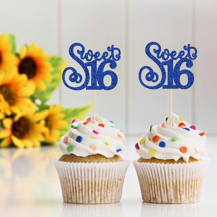 24 Pack 16th Birthday Cupcake Toppers Glitter Sixteen Happy Sweet 16 Cupcake Picks Cheers to 16 Years Old Cupcake Decorations for 16th Birthday Anniversary Party Cake Decorations Supplies Blue (24 Count)