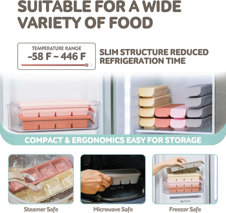 Silicone Freezer Trays with Lid,1.7oz 4 Section - Leak Proof Silicone Freezer molds for Homemade Baby Food Breastmilk, Purees, Vegetables, Baby Food Jars Ice Tray with Lid BPA Free Mix Beige
