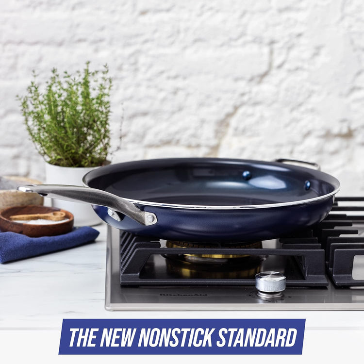 Blue Diamond 14" Nonstick Frying Pan Skillet, Diamond Infused PFAS & PTFE-Free Ceramic Pot, Dishwasher & Oven Safe, Stay Cool Handle, Durable Non Toxic Metal Utensil Safe, Family Jumbo Pan, Blue