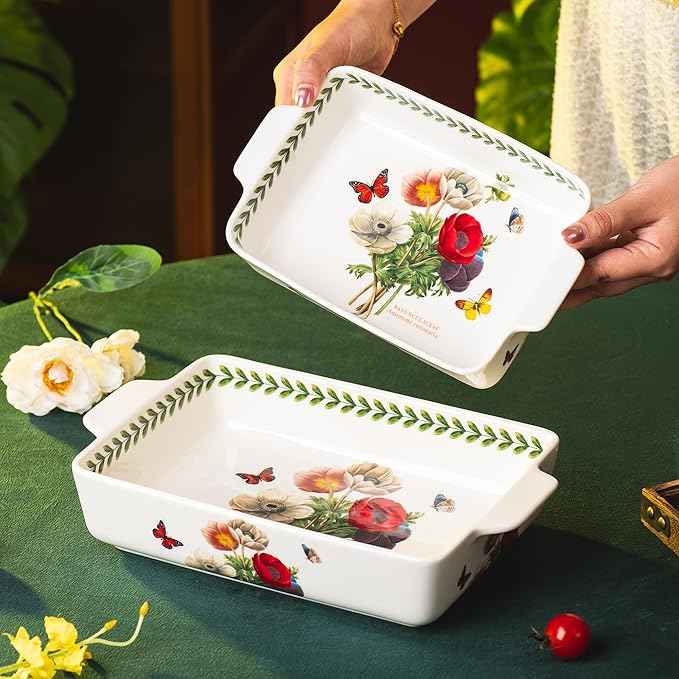 ONCCI In-Glaze Ceramic Baking Dish Set of 2 - Rectangular with Handles,Single Serving Size Casserole dishes 10.8*7.99in & 8.58*6.54inch Sizes - Oven Safe for Cooking, Baking, Casseroles - Dishwasher Safe(Corn Poppy)