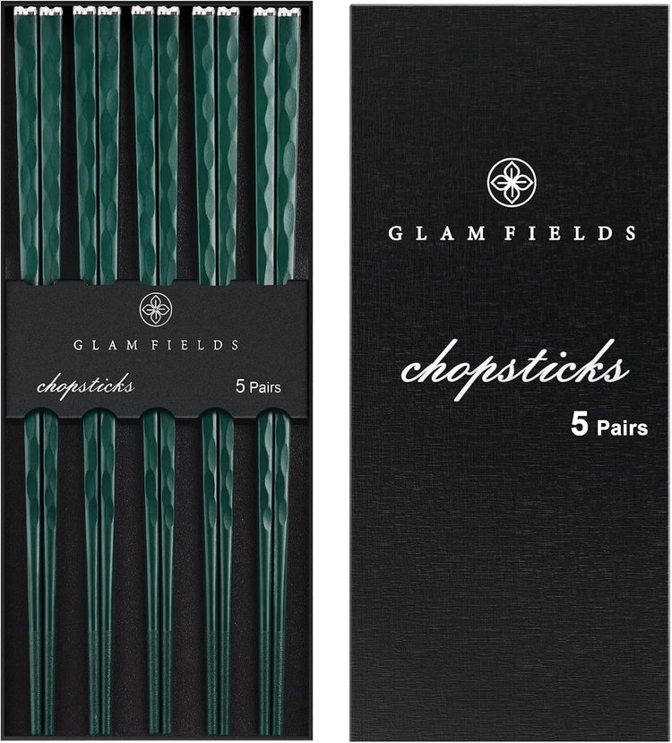 GLAMFIELDS 5 Pairs Chopsticks Reusable, Premium Fiberglass Chop sticks Dishwasher Safe for Sushi Ramen, Non-slip, 9 1/2 inches - Gift Set Green with Silver Plated