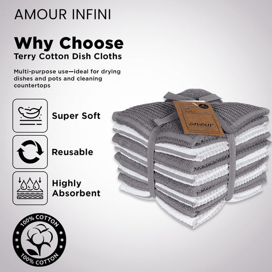 AMOUR INFINI Dish Cloths for Washing Dishes Set of 8 - Highly Absorbent, Super Soft Kitchen Dishcloths - Reusable Quick Dry Dish Rags for Cleaning & Drying Kitchen Linens (12x12 Inch - L.Grey) - Nestoria