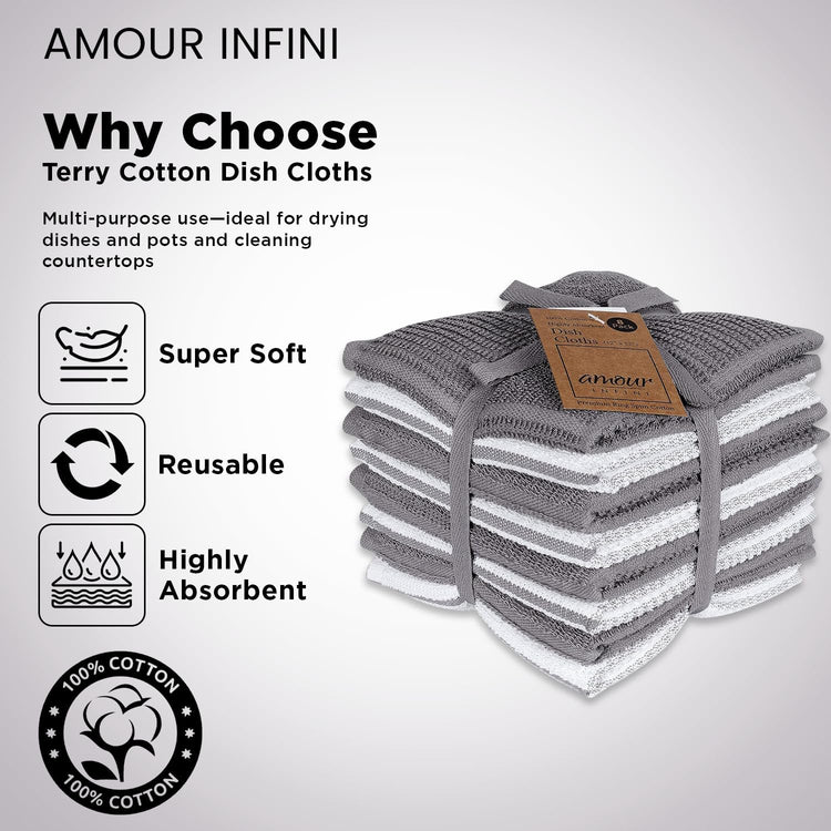 AMOUR INFINI Dish Cloths for Washing Dishes Set of 8 - Highly Absorbent, Super Soft Kitchen Dishcloths - Reusable Quick Dry Dish Rags for Cleaning & Drying Kitchen Linens (12x12 Inch - L.Grey) - Nestoria