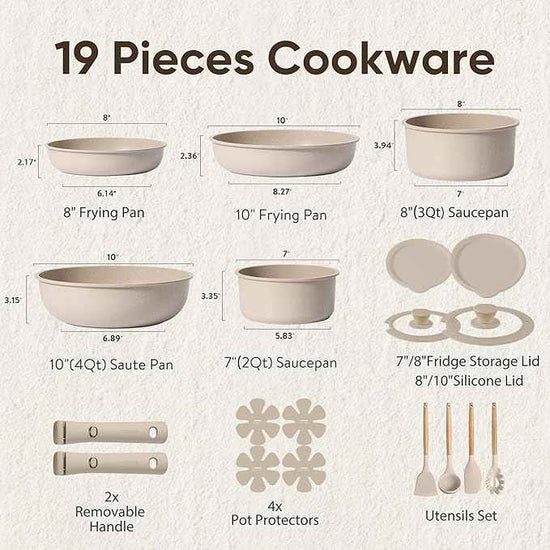 CAROTE 19pcs Pots and Pans Set Non Stick, Nonstick Cookware Set Detachable Handle, Induction Kitchen Cooking Sets with Removable Handle, RV Kitchen, Oven Safe, Taupe
