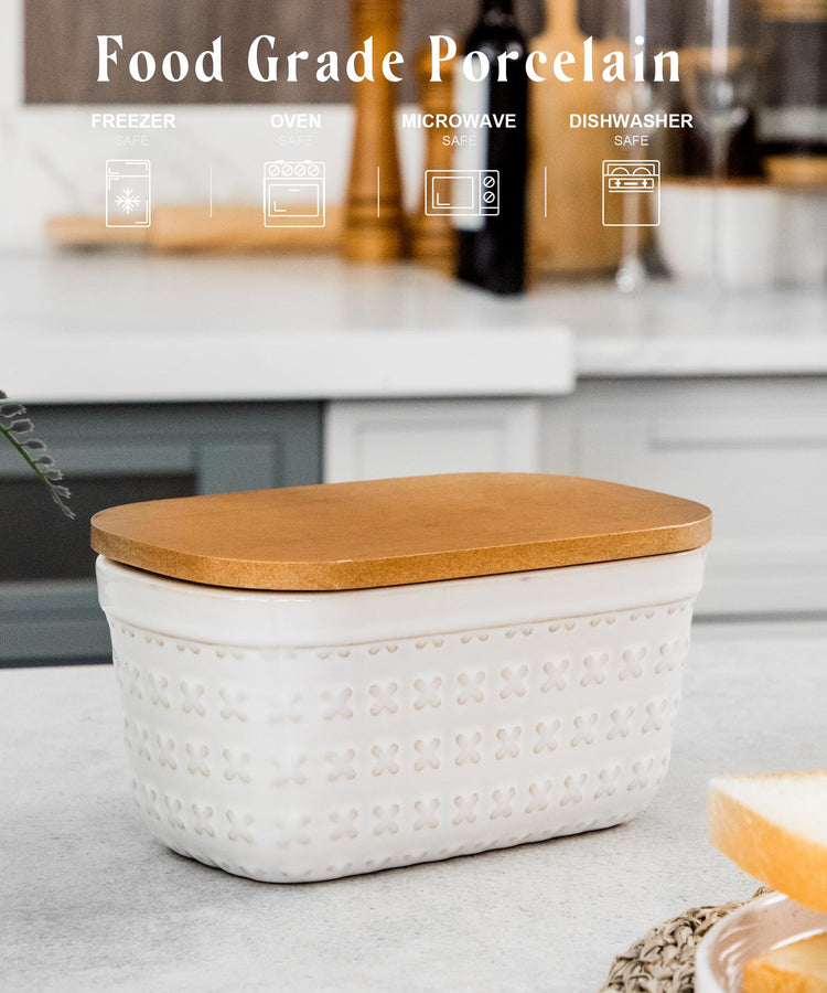 Ceramic Butter Dish Embossed Butter Keeper with Wood Lid for Countertop