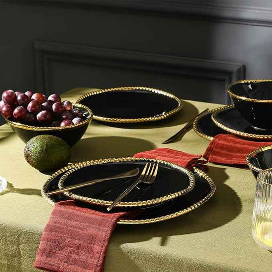 Christian Siriano Akoya Porcelain Dinnerware Set, 24-Piece - Dish Set for 8, Plates and Bowls Set, Black and Gold