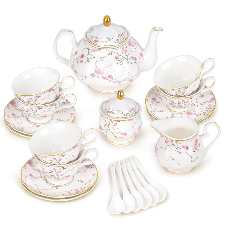 21 Piece English Gold Vine Floral Bone China Tea Sets