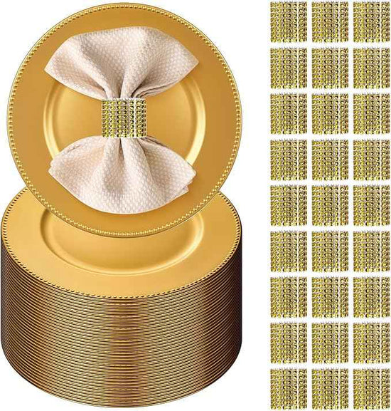 200pcs Gold Charger Plates With Napkin Rings Set Include 100 Gold Beaded Charger Plates 100 Napkin Rings, 13 Inch Plastic Round Chargers for Dinner, Wedding, Birthday, Party, Banquet, Table Setting
