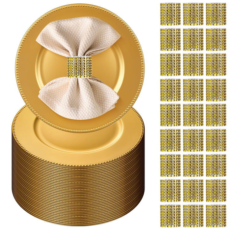 200 Pcs Gold Charger Plates Set Includes 100 Gold Chargers 100 Napkin Rings (200 Count)