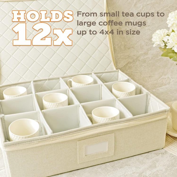 storageLAB Cup and Mug Storage Containers, Hard Shell Storage Case with Felt Dividers for Cups, Mugs, Dishes, and Glasses, Ideal for Kitchen Organizing and Moving Supplies - 1 Pack, Cream