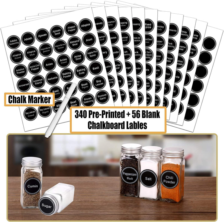 SWOMMOLY Spice Rack Organizer with 36 Empty Square Spice Jars, 396 Spice Labels with Chalk Marker and Funnel Complete Set, for Countertop, Cabinet or Wall Mount,Silver