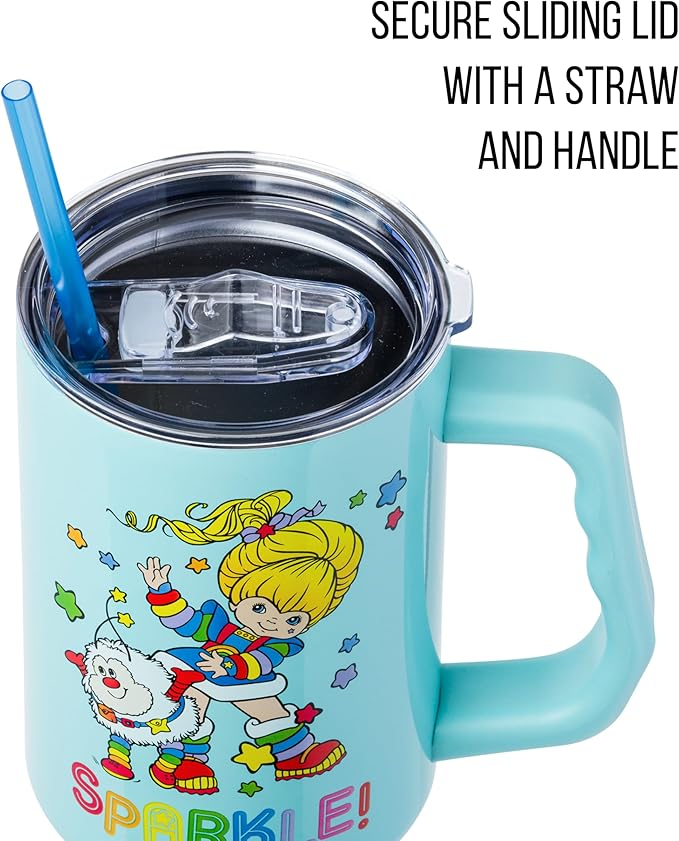 Silver Buffalo Rainbow Brite and Twink Sparkle Double Walled Stainless Steel Tumbler with Handle and Straw, Fits in Standard Cup Holder, 40 Ounces