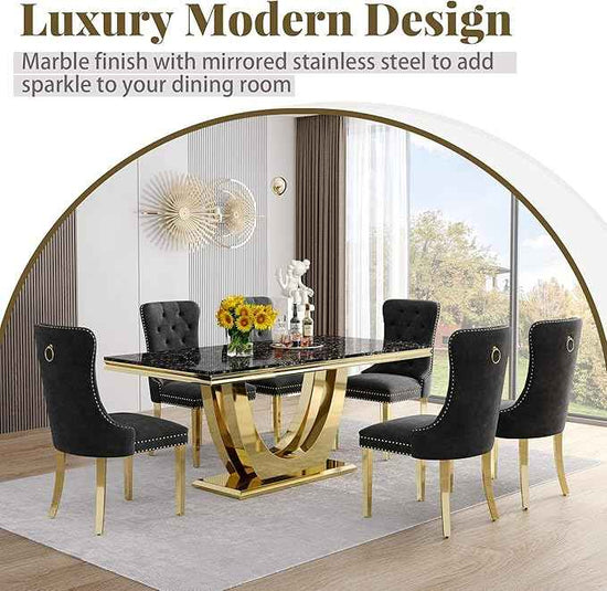 Marble Dining Table Set for 6,70" Black Faux Marble Kitchen Tables and Velvet Chairs for 6,7 Piece Luxury Dining Room Table Set and 6 Upholstered Chairs with Gold Stainless Steel Bases