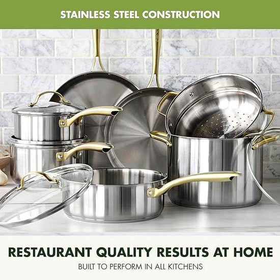 GreenPan Stainless Steel Cookware Set, 11 Piece, Induction Cookware, Dishwasher Safe, Oven Safe to 600F, Large 8QT Stock Pot, Sauce, Saute, Frying Pans, Pots & Pans Kitchen Essentials, Gold