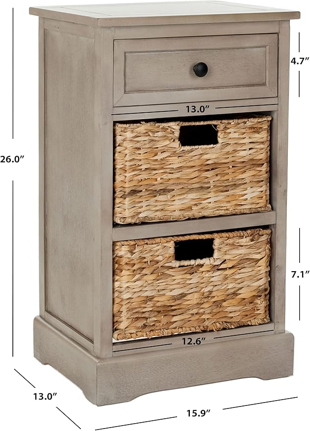 SAFAVIEH Home Collection Carrie Vintage Grey / Natural Wicker 3-Drawer Storage Nightstand Side Table (Fully Assembled)