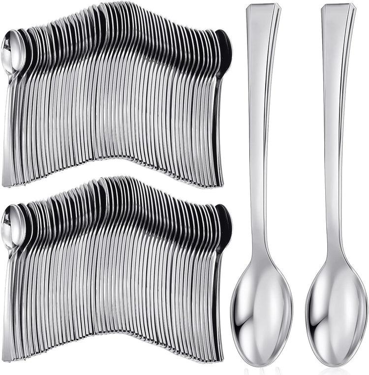 Yinkin 300 Pieces Plastic Mini Appetizer Spoon 4.53 Inch Stainless Steel Finished Silver Disposable Silverware Heavy Duty Plastic Tasting Dessert Forks for Party Wedding Catering