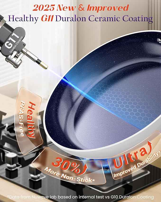 Nuwave Essential Series 5PC Ceramic Cookware Set PFAS-Free, G11 Duralon Blue Coating, Pots and Pans Set Non Stick, Diamond Scratch-Resistant,Stay-Cool Handle, Metal Lid,Induction Ready,Dishwasher Safe
