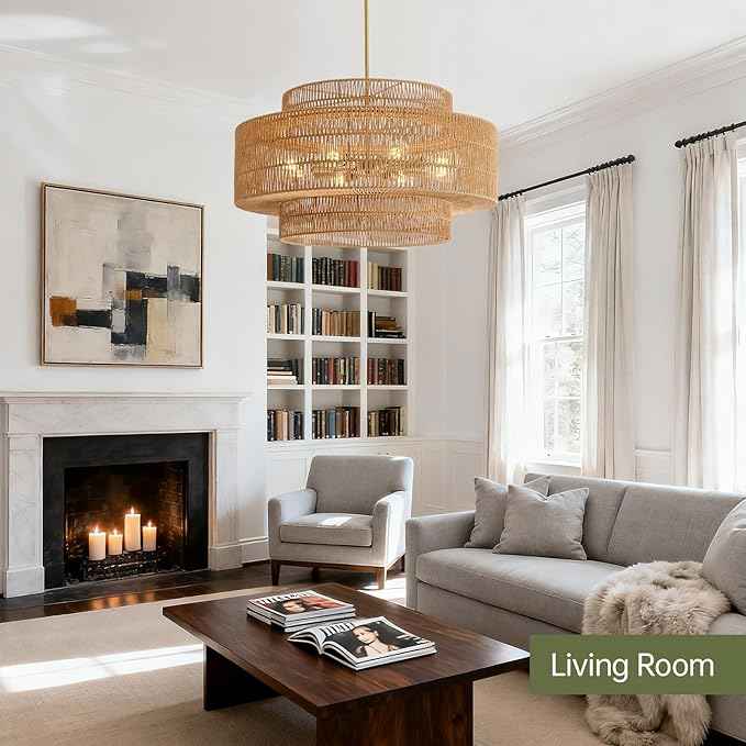 30” Boho Rattan Chandelier Light Fixture, 8-Light Large Hand Woven Pendant Light Fixture Farmhouse Rustic Chandeliers for Dining Room, Kitchen, Bedroom, Living Room, Hallway, Foyer