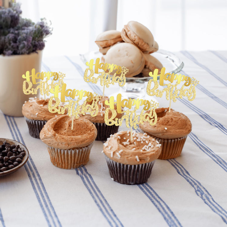 24Pcs Gold Metallic Happy Birthday Cupcake Toppers for Birthday (24 Count)