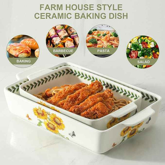 Ceramic Sunflower Baking Casserole Dish with Handles,Large 2 pieces 8x13 inch & 6x10 inch Lasagna Baking Dish and Middle Flower Andplant Baking Pan,Porcelain Serving Bakeware Set