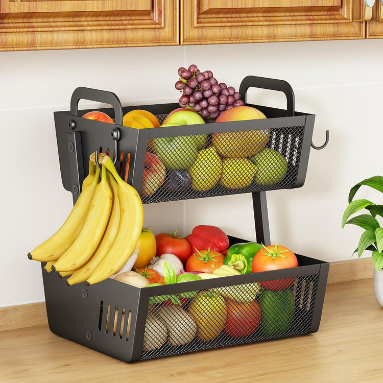 Fruit Basket Bowls For Kitchen Counter with Banana Hangers - Detachable Metal Fruit Stand with Handle - Kitchen Vegetables Bread Snacks Storage Organization, 2 Tier Black