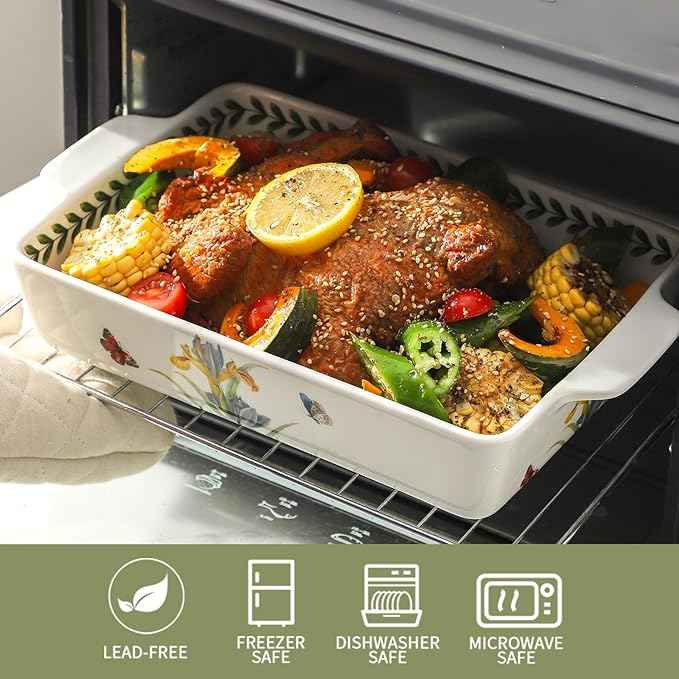 Ceramic Iris Baking Casserole Dish with Handles, Large 2 pieces 8x13 inch & 6x10 inch Lasagna Baking Dish and Middle Flower Andplant Baking Pan,Porcelain Serving Bakeware Set