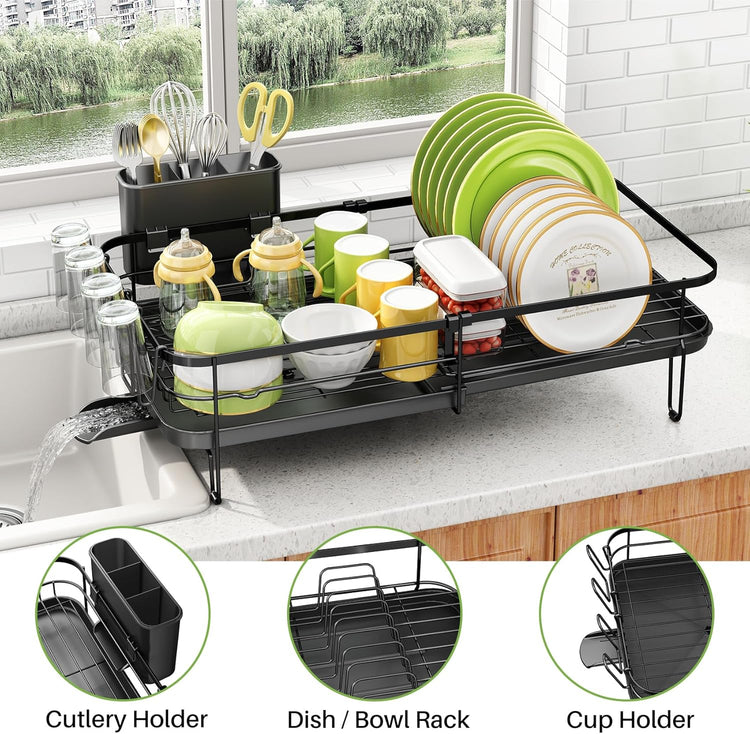 SNTD Dish Drying Rack, Expandable Dish Rack for Kitchen Counter, Metal Dish Drainer with Utensil & Cup Holder 13.8"-22.6" L x 12.1" W (Black)