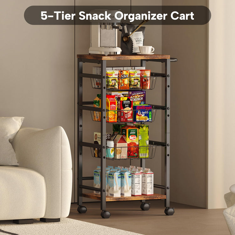 5 Tier Snack Organizer Cart with 3 Height Adjustable Pull
