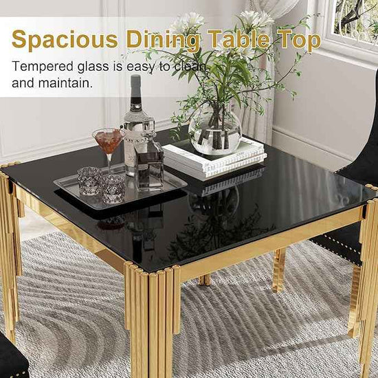 35'' Modern Square Glass Dining Table for 4 People,Black Tempered Glass Top Dining Room Table with Stainless Steel Base, Glass and Gold Dining Table for 4, Rectangle Dining Kitchen Table for Dinner