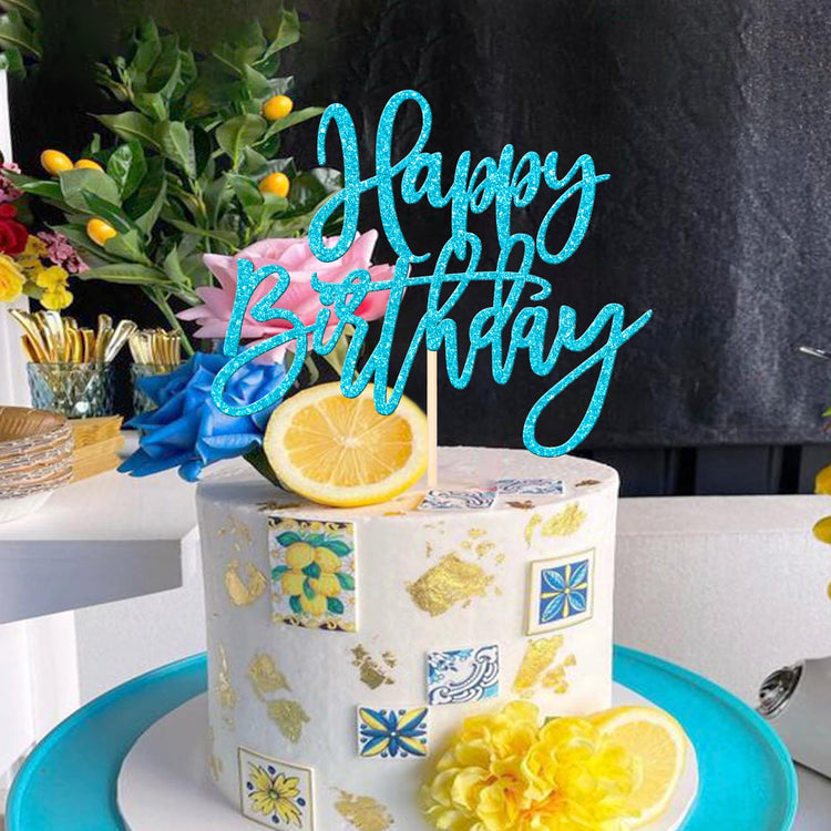 1 PCS Happy Birthday Cake Topper Glitter Happy Birthday Cake Pick for Celebrating Happy Birthday Anniversary Theme Party Cake Decorations Supplies Light Blue