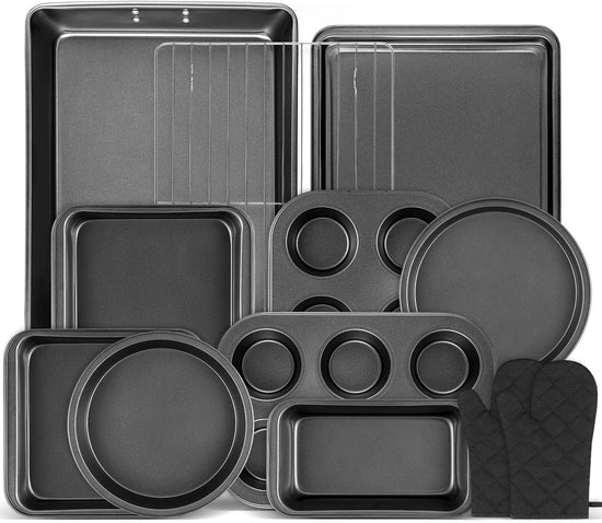 12PCS Nonstick Bakeware Set, Non-Toxic Carbon Steel Baking Pans Set with Wider Grip, Includes Roasting Pan, Cookie Sheet, Cake Pans, Muffin Pans, Cooling Rack, Oven Mitts, Easy Release - Nestoria