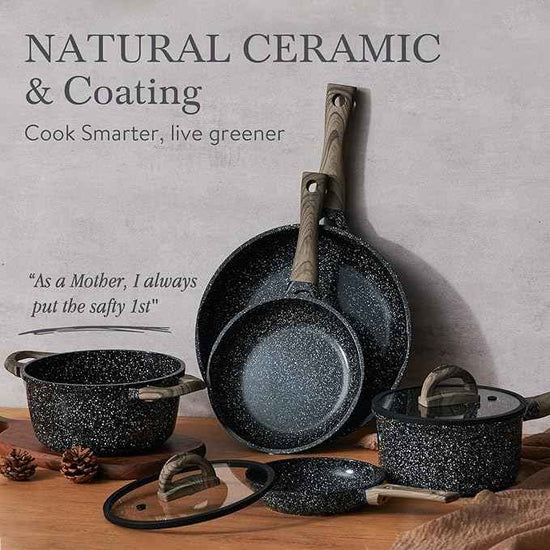Pots and Pans Set Non Stick Non-Toxic 22 Pcs Ceramic Cookware Sets Nonstick Kitchen Pot&Pan With Lid Black Granite Induction Compatible with Glass Lids Crepe Frying Pan PFOA/PFOS-Free