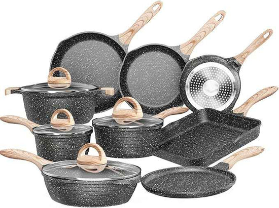 JEETEE Pots and Pans Set Non Stick 23pcs, Healthy Kitchen Cookware Sets, Induction Cooking Set W/Gray Frying Pans, Saucepans, Sauté & Griddle & Crepe Pan (PFOA, PFAS Free)