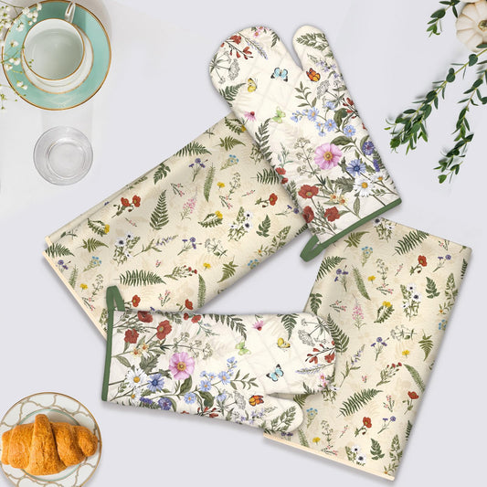 Rustic Flower Kitchen Towels and Oven Mitts Set 4Pcs (4 Count)